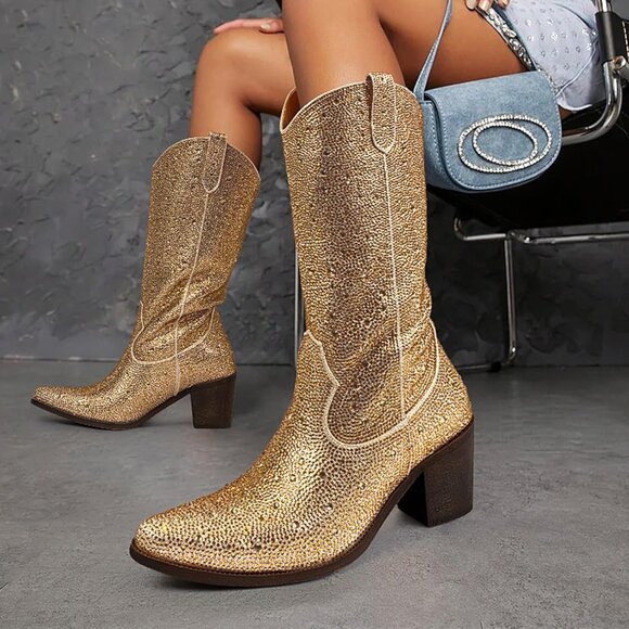 Missmiller Women Gold Rhinestone Mid Calf Pointed Toe Sparkly Block Pull On Heel - Picture 3 of 6